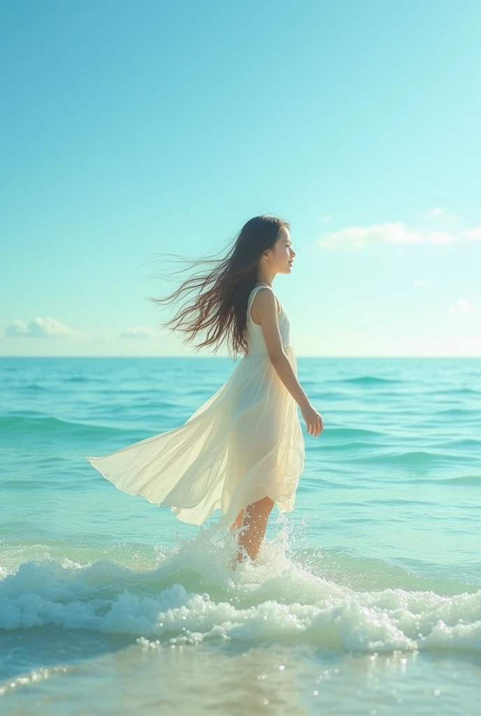 "A realistic depiction of a young girl standing in shallow water by the sea, with gentle waves lapping around her feet. She has long, flowing hair blowing in the ocean breeze, and she is wearing a simple, light-colored dress that flutters in the wind. The sky above is clear, with a soft gradient from light blue to deeper blue as it meets the horizon. The water is a mix of turquoise and deeper blue tones, with sunlight reflecting off the surface, creating a sparkling effect. The girl’s expression is serene, with a hint of a smile, as she gazes out at the open sea. The overall scene conveys a sense of peace and connection with nature."

