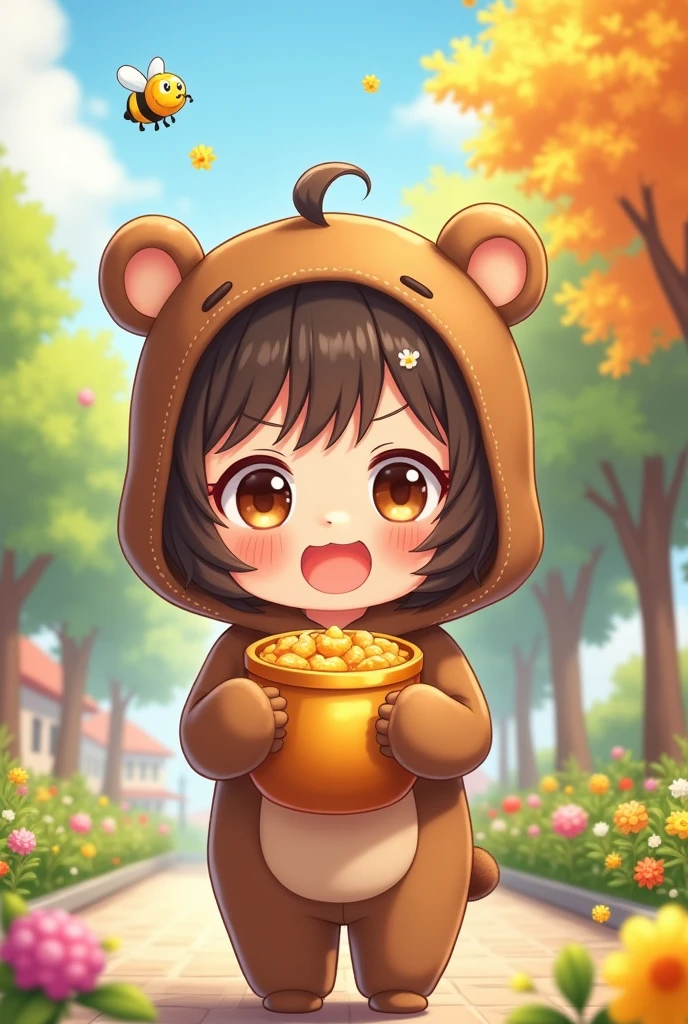 Holding a honey pot、Illustration of a cute high school girl wearing a bear costume and a bee