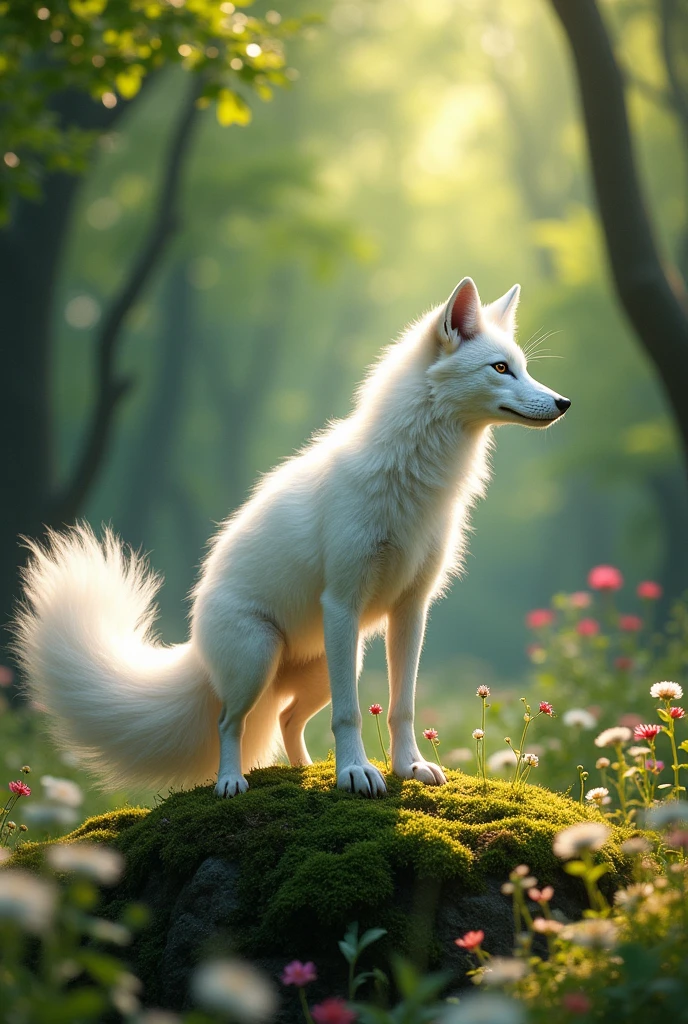 Create an image of a white fox with nine tails 