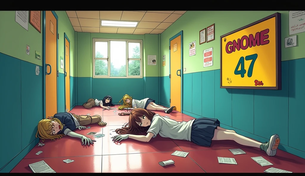 a school corridor with bright colors, and some corpses of female zombies, on a wall there is a board that writes "GNOME 47", anime style
