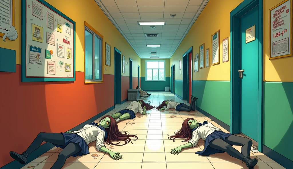 a school corridor with bright colors, and some corpses of female zombies, on a wall there is a board that writes "GNOME 47", anime style