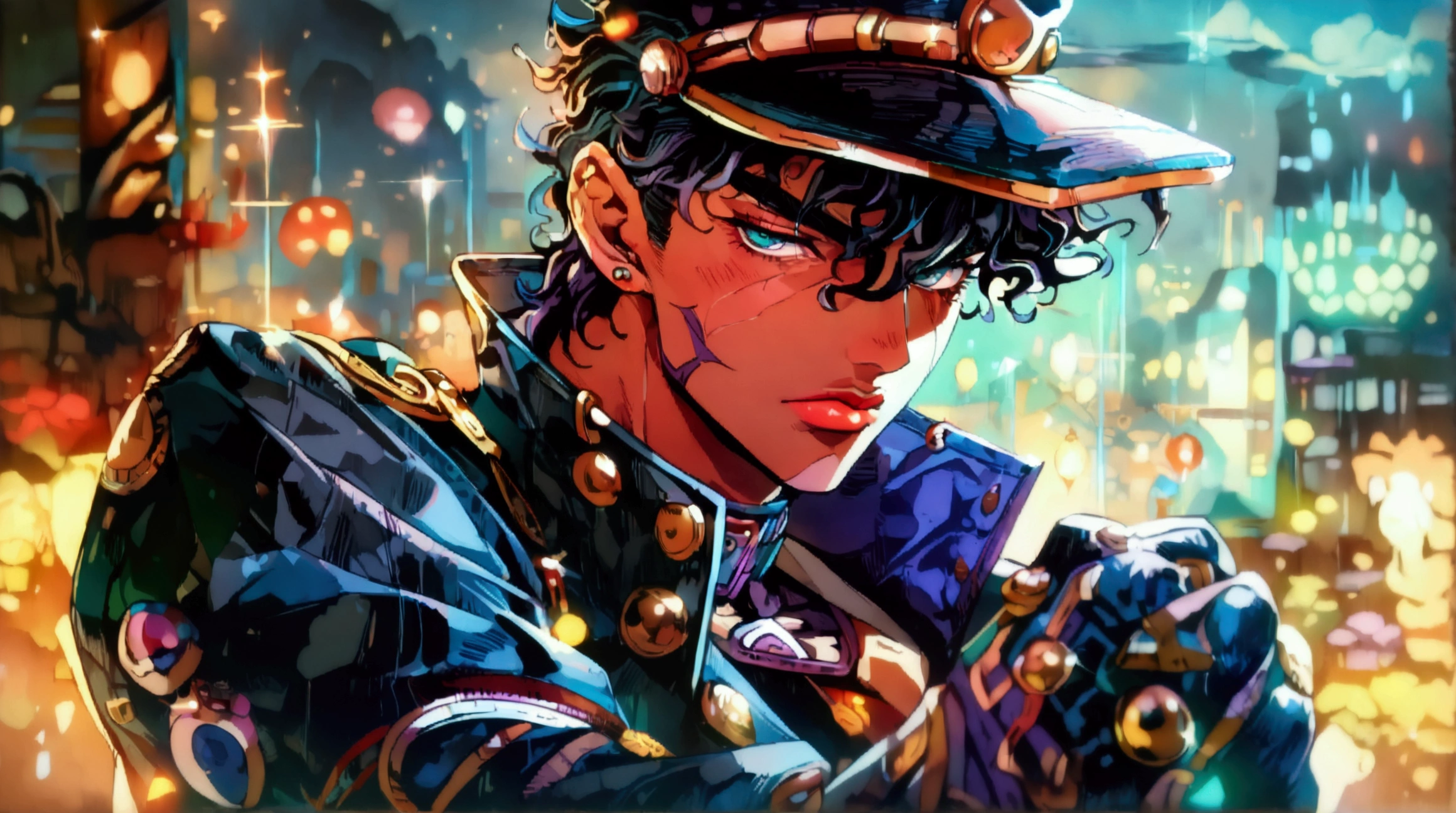 character inspired by Jotaro Kujo, ((Intricate anime character design inspired by Jojo's Bizarre Adventure)), ((Stunning lighting)), ((Fine lines)), ((Stunning focus)), ((Centered character)), ((Stunning face)), ((Detailed focus)), ((Detailed background)), ((Ultra-fine 2D design)), ((Creative scenery)), ((2D masterpiece)), ((Best quality)), ((8K anime style))