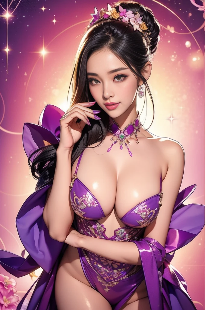 Sexy Thai model who controls poison、Beautiful smile、Lip gloss、Bold Lipstick、Heavy makeup、Looking at the camera、Whole Body Ezbian、、Sparkling poisonous flower costume、、、、Sparkling colorful hair、secrete poison、Skull Hair Accessories、Sexy tights、Glowing Floral Background