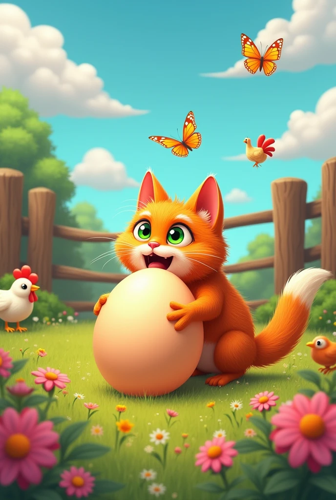 Orange cat expelling a chicken egg from its tail
