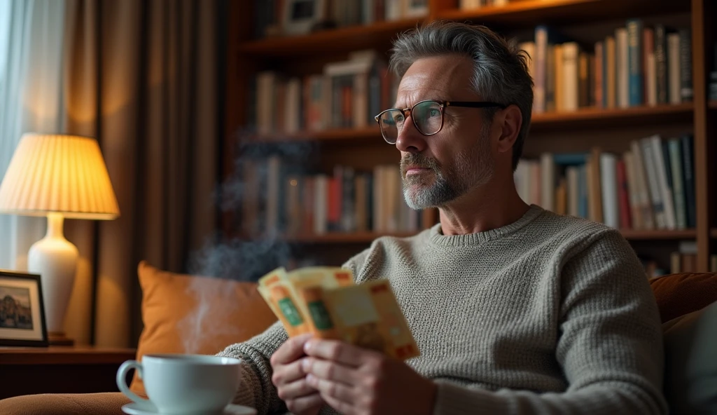 A man at home with German currency in his hand