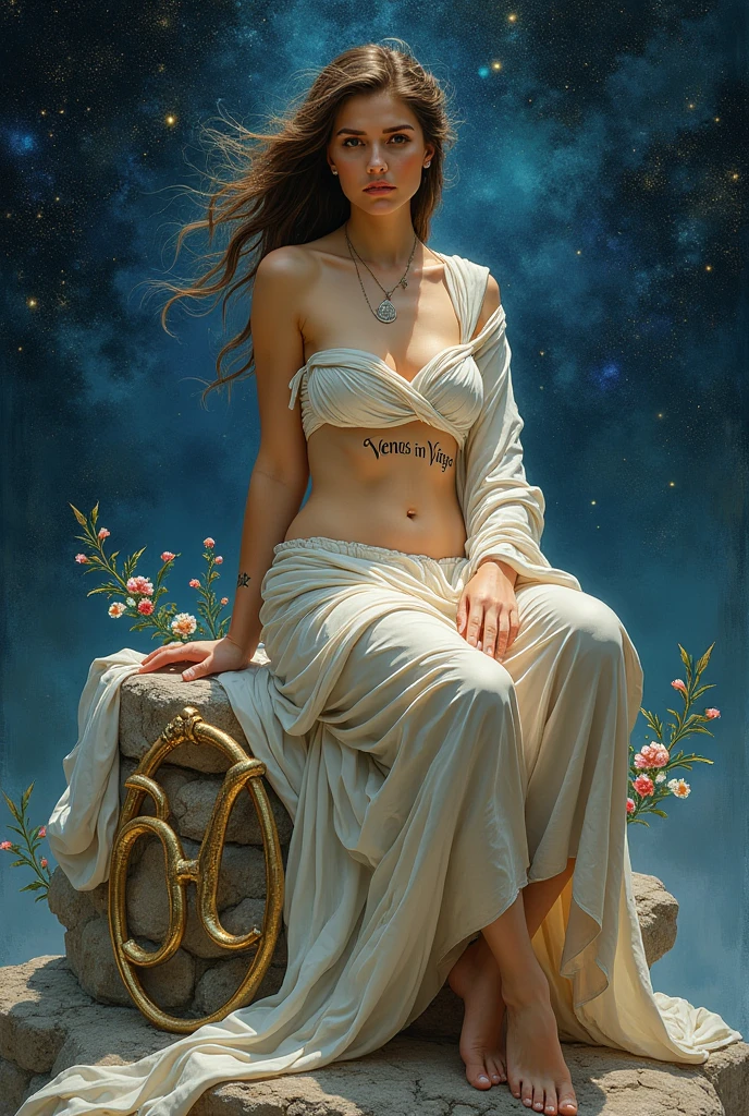 create an aphrodite sitting on top of the symbol of the sign of virgo her features are serious and rigid and resemble the queen of swords from the tarot just below her collarbone is tattooed the words: Venus in Virgo