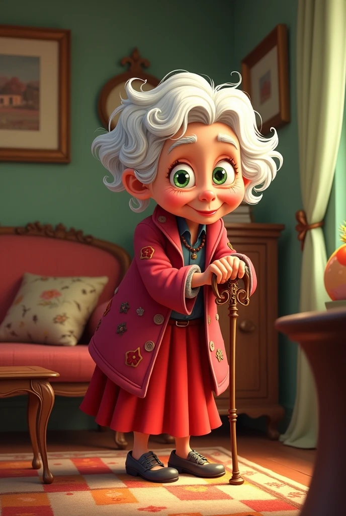 very old lady aged 86 who wears a red skirt and coat, white hair and green eyes, she is short and has a slightly curved back. Doesn't have a clock, make it in cartoon style with a very old look with wrinkles on the face, cane and old woman

  