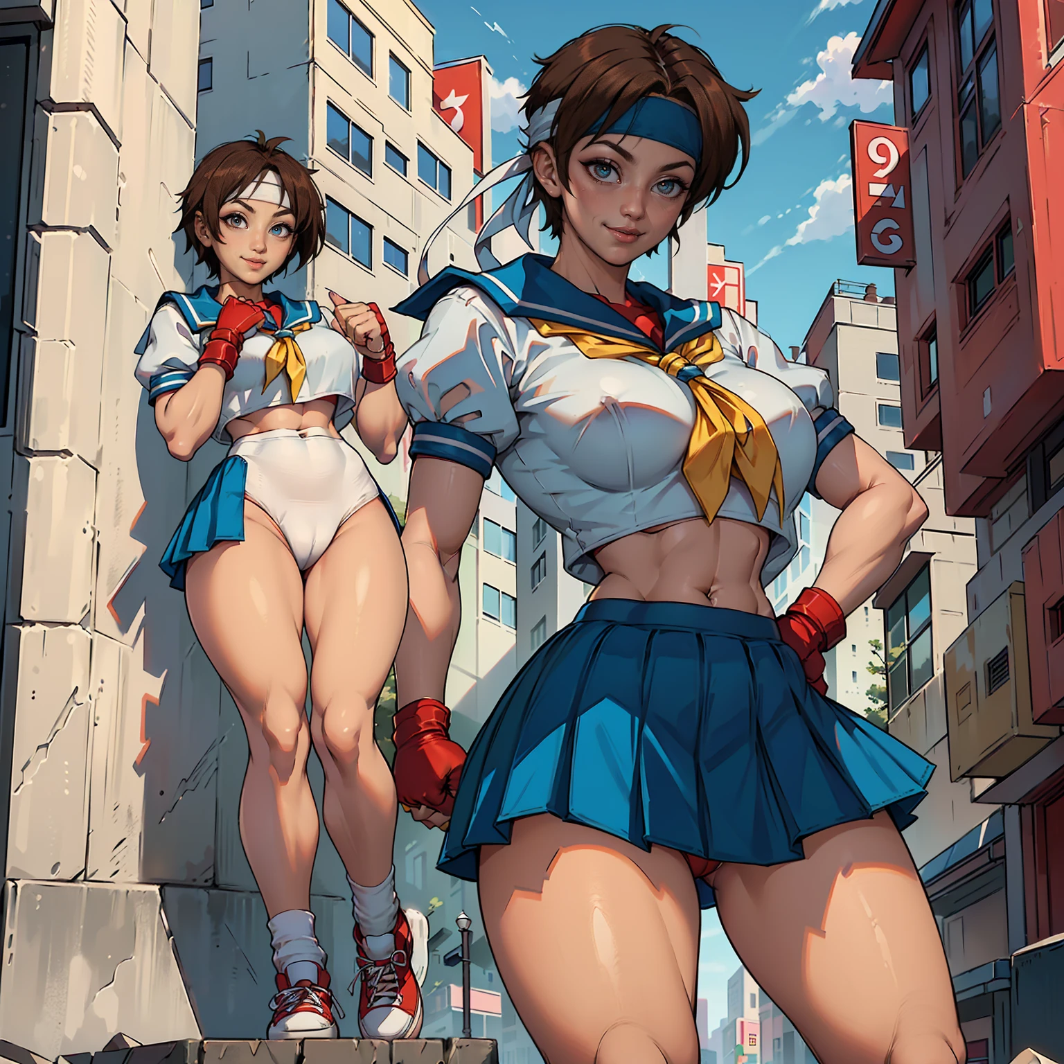 ((solo,1woman, mature, alone))), kasugano sakura, ((short brown hair, bangs, glowing brown eyes, wide eyes, makeup, narrow waist, skinny, medium breasts)), pelvic curtain, (( headband, school uniform, white panties, crop top, yellow neckerchief, blue skirt, fingerless gloves, white socks, red footwear)), full body, perfect body, (insanely detailed, beautiful detailed face, masterpiece, best quality), (extremely detailed 8k paper CG wall unit: 1.1), (street settings, city, dusk), (smile face for the viewer), from below, cameltoe view,
