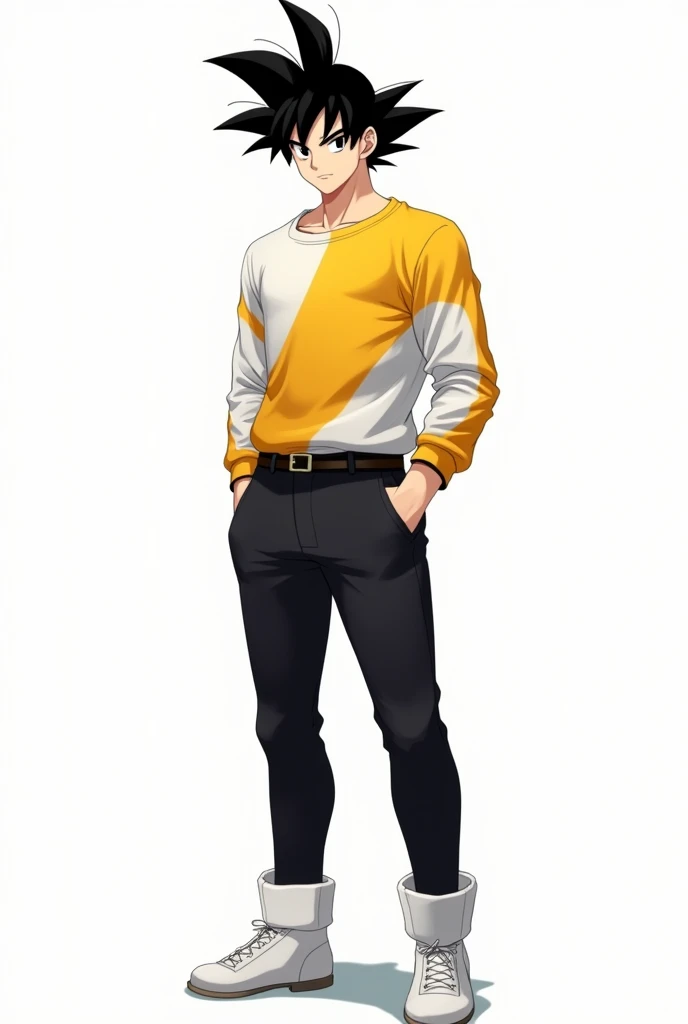 Create a male anime character with the Dragon Ball theme with black hair, black eyes, light skin, a shirt with a white bottom, a yellow top and yellow sleeves, black pants and white shoes and a white background.