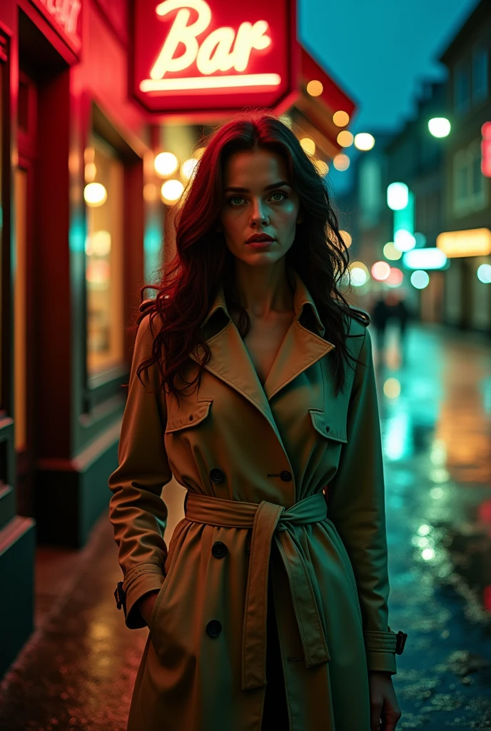 A woman with Brunette hair and green mint eyes.she was standing infornt of a bar and its raining