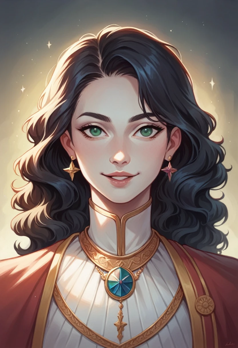 (best quality), (masterpiece), closeup, perfect lighting, perfect green eyes, (arrogant:1.3, slight smile:0.8), self-assured, looking at viewer, perfect lips, perfect face, 1girl, solo, posing for portrait, jewelry, pale skin, wavy hair, black hair, absurdres