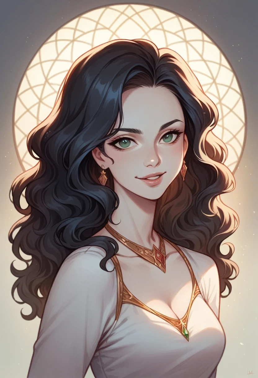 (best quality), (masterpiece), closeup, perfect lighting, perfect green eyes, (arrogant:1.3, slight smile:0.8), self-ured, looking at viewer, perfect lips, perfect face, 1girl, solo, posing for portrait, jewelry, pale skin, wavy hair, black hair, absurdres