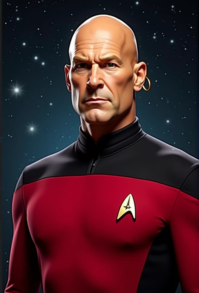 senor. Clean is a bald man with a single gold hoop earring, then Patrick Picard's head would be shaved and smooth. The strong forehead and intense gaze that Patrick Stewart brings to the character of Picard would remain. Perhaps senor. Clean's usual white shirt and pants would be replaced by the red and black uniform of a Starfleet captain.. Your earring can become a Starfleet brooch. And that familiar bald head would probably still have its characteristic shine., as if it had been recently polished.
I would imagine an authoritative facial expression, but attentive, along with a commanding posture. This combines the capable leader qualities of both cleanser mascot senor. Clean and Captain Jean-Luc Picard in an imaginary character. Let me know if you'd like me to elaborate on any other textual details that come to mind..!
