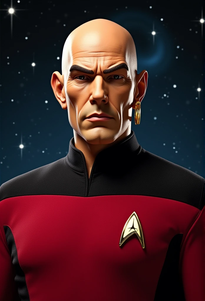 senor. Clean is a bald man with a single gold hoop earring, then Patrick Picard's head would be shaved and smooth. The strong forehead and intense gaze that Patrick Stewart brings to the character of Picard would remain. Perhaps senor. Clean's usual white shirt and pants would be replaced by the red and black uniform of a Starfleet captain.. Your earring can become a Starfleet brooch. And that familiar bald head would probably still have its characteristic shine., as if it had been recently polished.
I would imagine an authoritative facial expression, but attentive, along with a commanding posture. This combines the capable leader qualities of both cleanser mascot senor. Clean and Captain Jean-Luc Picard in an imaginary character. Let me know if you'd like me to elaborate on any other textual details that come to mind..!