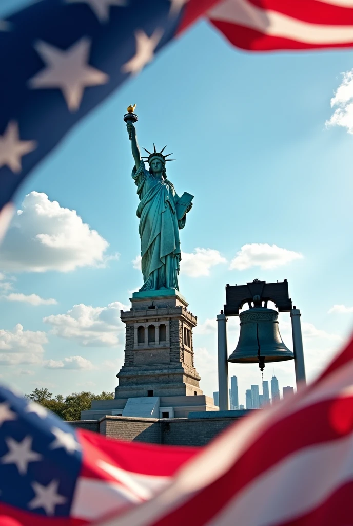 Statue of Liberty and Liberty Bell and American Flag
