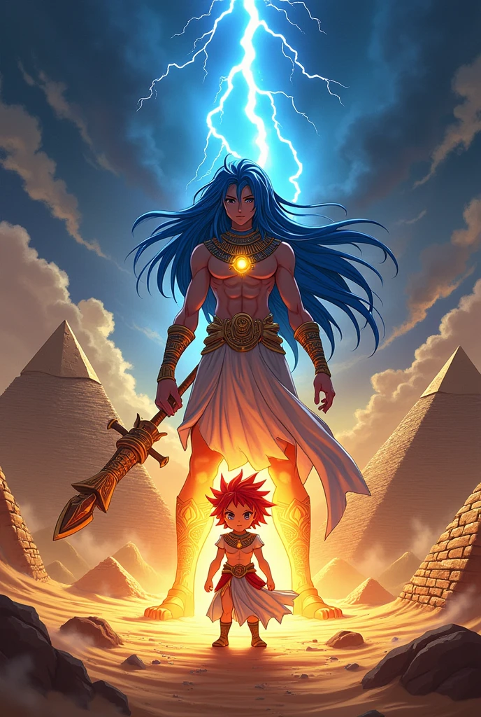 Anime cover with fight in Egypt, short red hair character and characteristics of God Ra vs long blue hair character and characteristics of God Anubis.