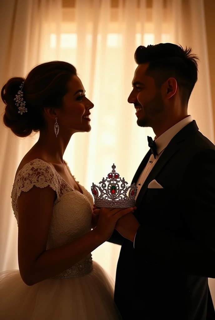 Parents in profile pose holding quinceanera crown 