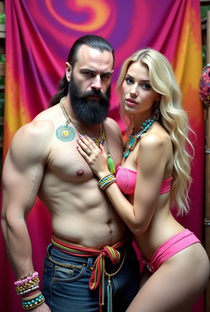 Sacred rebels, an extremely attractive couple. Dark bearded handsome bald shaman man with muscular upper body bare. Blonde fairie-like bimbo girl, dressed in flirtatious pink skimpy underwear, perky big breasts, plenty of cleavage, hourglass body. Lots of hippie style jewelry. Side by side, touching each other sensually, facing the camera, looking into the camera. General tone of picture is vivid colors, dreamlike, psychedelic.