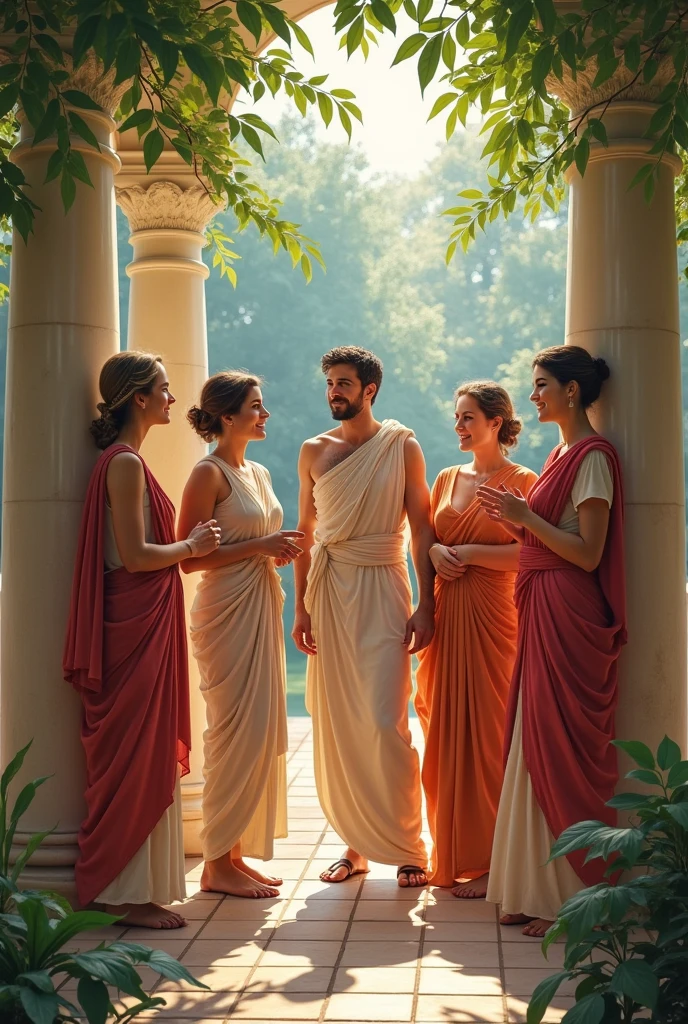 Generate an image of a group of four women and one man, colleagues and that they look like they are from the time of the philosophers, the atmosphere recreated and brought back to that era and the image being in color