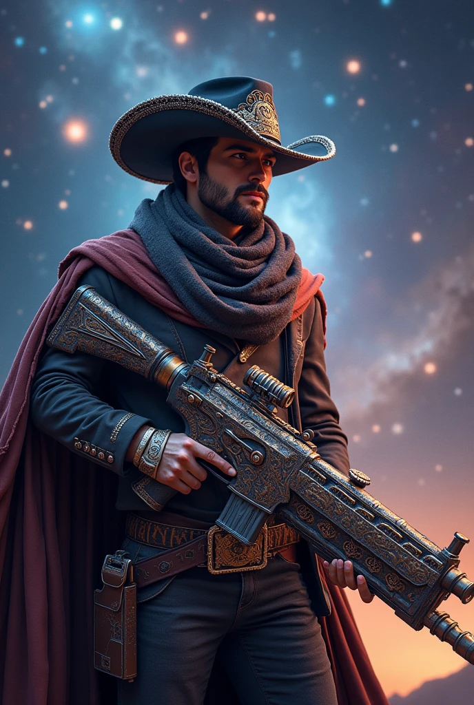 Make an ultra mega Galactica laser weapon that has a lot of class with how long an ultra mega stylish cowboy with a cool hat holding it and he wears a really big cool scarf