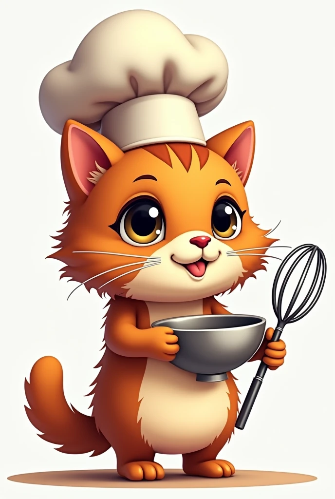 Let's replace the ball that is holding it with a bowl and a hand mixer, Let's give the eyes a more feline-like appearance, Add a chef's hat and make the image more of a brand logo. add some more fur to the cat figure and give it a mixed tone, Change the orange color to brown tones