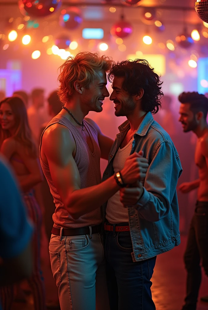 A gay couple, one with blond hair and light eyes and taller than the other, y el otro 
pelinegro ojos  oscuros dancing y  diviertiendose en un bar o lugar  de los  80s, casual clothes, with people from the period laughing, dancing , sleeping, kissing
