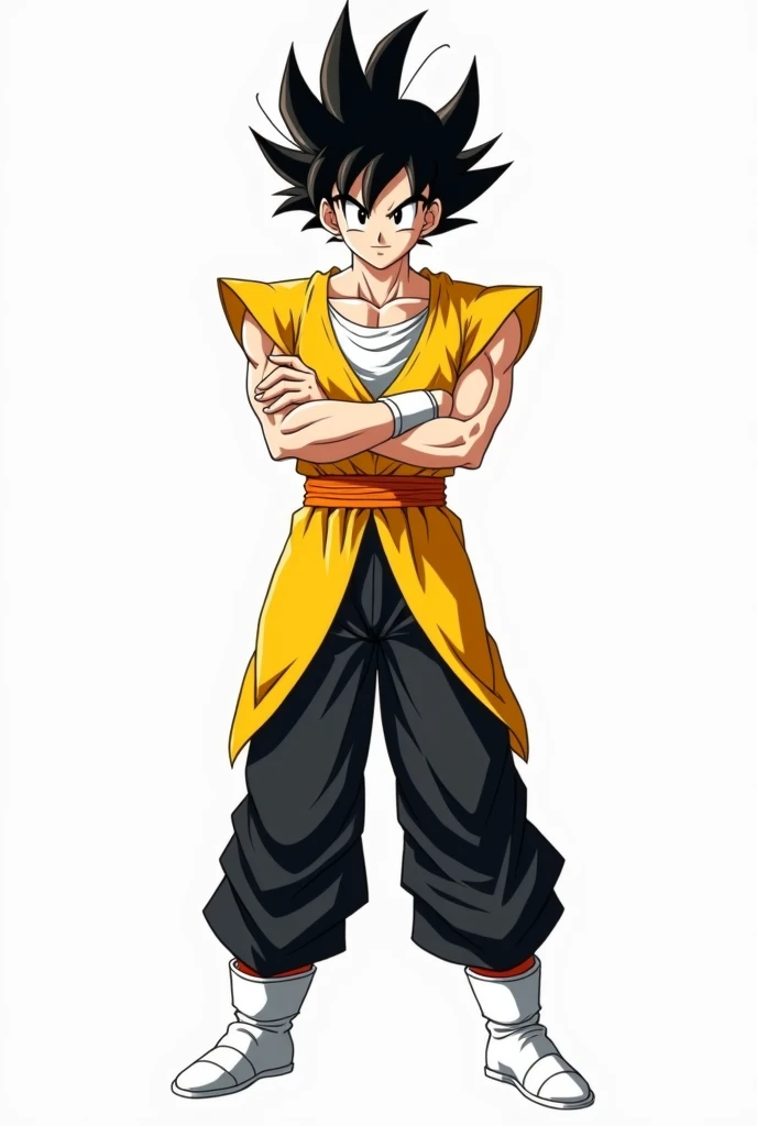 Create a male anime character with the Dragon Ball theme with black hair upwards, black eyes, light skin, shirt with a white bottom, yellow top and yellow sleeves, black pants and white shoes and a white background.