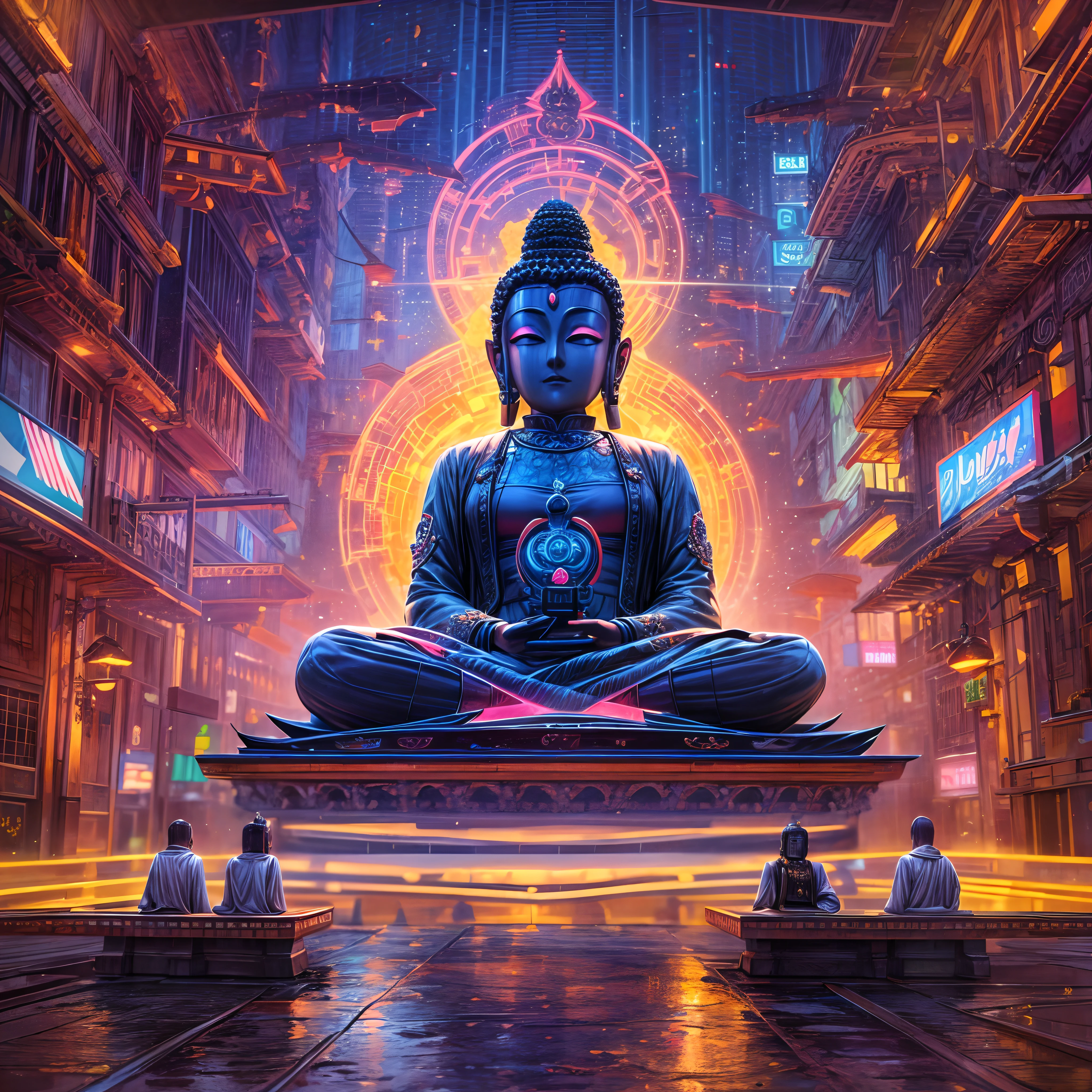 A very detailed, Futuristic scene with a vibrant color palette and neon lights. The focal point of the scene is a magnificent Golden Buddha statue, radiating a sense of peace and tranquility. The statue is made of pure gold and shines brightly., reflecting the neon lights around it. The environment is full of futuristic elements, like elegant buildings, Flying cars, and holographic ads. The colors in the scene are intense and vibrant, incorporating shades of blue, purples, rose, and green. Neon lights illuminate the surroundings, casting a surreal and vibrant glow. The overall atmosphere is both impressive and serene., Blending the traditional beauty of the Golden Buddha with the cutting-edge aesthetics of the future. Everything in the scene is very detailed and realistic., with every intricate feature of the Buddha statue captured impeccably. The lighting is carefully designed to highlight the beauty of the statue and create a fascinating atmosphere...