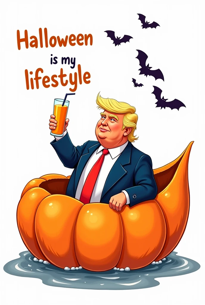 Illustration of President Trump riding a Halloween pumpkin boat and holding a glass of juice in his hand, with bats on top of it, word" halloween is my life style", white background