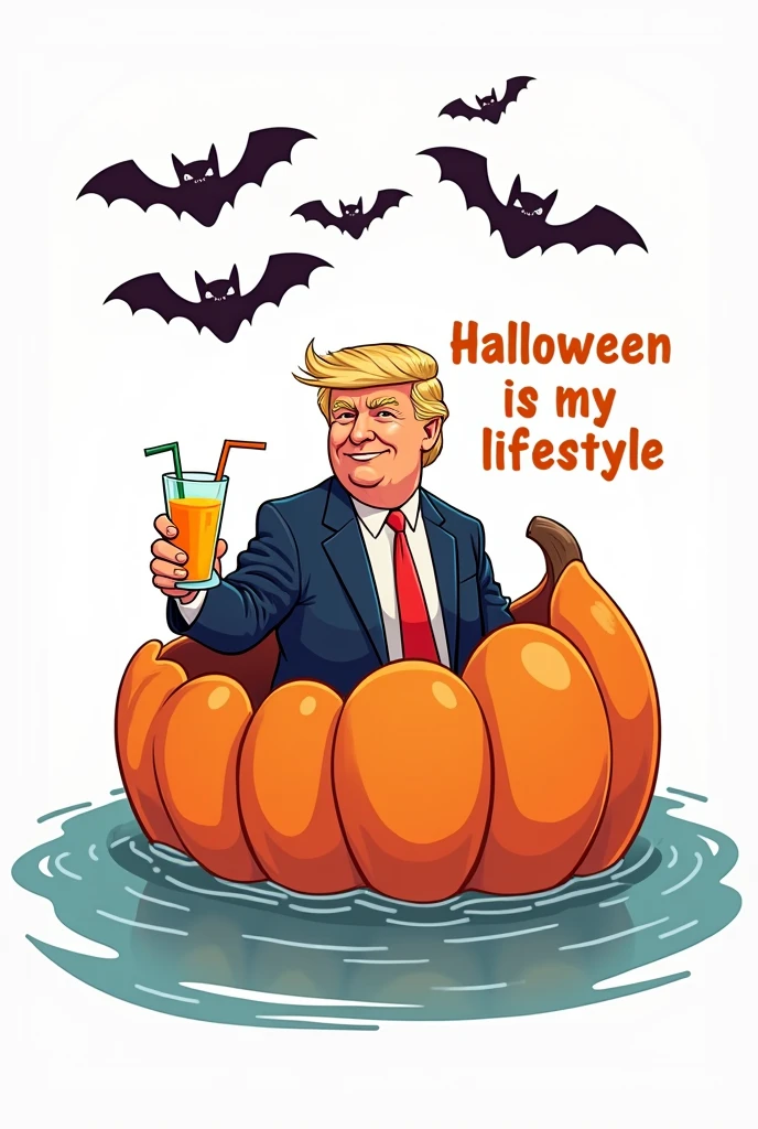 Illustration of President Trump riding a Halloween pumpkin boat and holding a glass of juice in his hand, with bats on top of it, word" halloween is my life style", white background