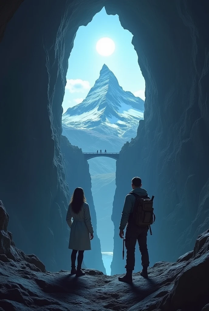 
 A scientist standing on his back at the top of a huge cave with a path cut off by a cliff, But it connects with a bridge and reaches a mountain and there are two scientists on the other side, a woman and a man.
