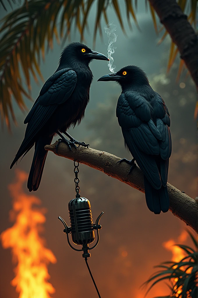 Two raven with yellow eye haging up in a palm
talking with podcast microphone. One of the
raven is smoking The palm is on fire