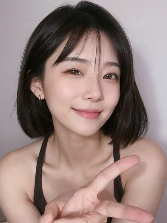 18-year-old female、Realistic Skin、((Dark Eyes))、Natural Makeup、Hot、Pain々A beautiful smile、(Medium Short Hair)、(Peace sign with right hand)、Khaki summer knit dress、Yoshitomo Nara, shikamimi, Chiho, mayuri shiina, A real young gravure idol, beast, , Kotegawa Yui, 8k、narumi kakinouchi