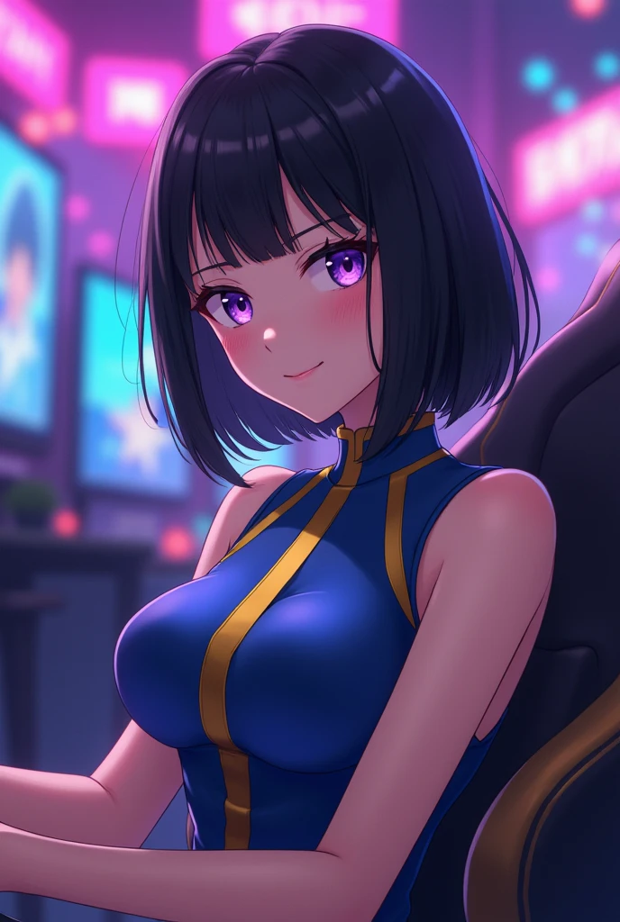 anime, Girl, black hair, short hair, clear skin, purple eyes, sitting in gaming chair, Blue and gold tank top with very short sleeves, big breasts, looking at the smiling viewer