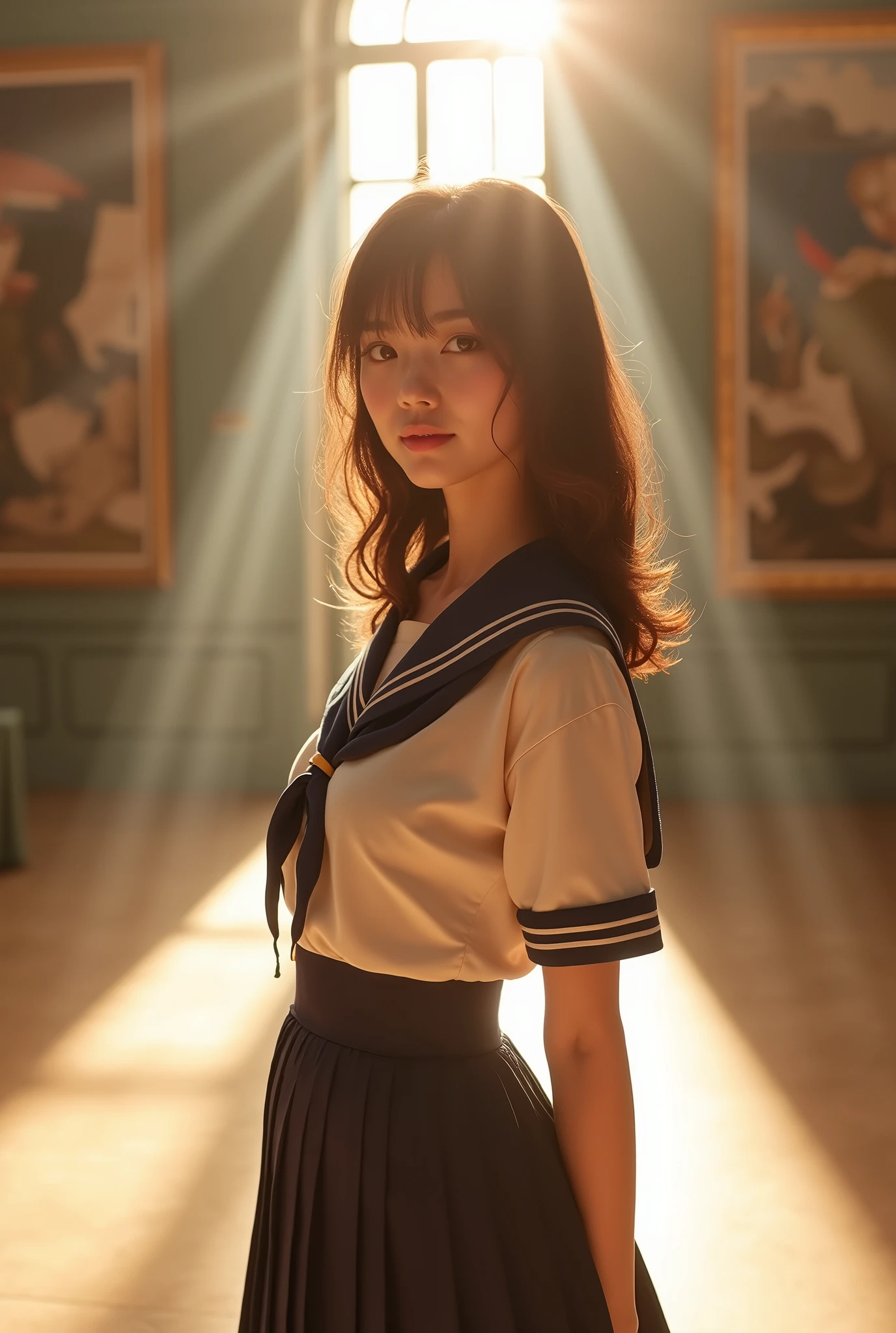 Browsing Caution:-2, Realistic, from side:1.21, photorealistic realism, portrait of japanese woman, Elegant look, World-class idol, Cute Japanese woman'Face:1.21, Beautiful Japanese Women'Face:1.21, close your eyes:1.21, (Above the knee shot.:1.21), (Realistic photos:1.4), (masterpiece, Highest quality:1.2), RAW Photos, 32K High Resolution, Intricate details,Very detailed, Standing woman, (Please show me your armpits.:1.21), (Flat Chest:1.21), Gazing at the audience, View from below, Tight waist, Cute Face, Light brown hair, (Straight Hair:1.21), Let your bangs hang down, School uniforms, Short sleeve clothing, Sailor suit:1.21, sera fuku:1.21, 有名な東京都立高校のSailor suit, The upper body is wearing a uniform:1.21, Pleated skirt:1.21, Bust Top Float, Sharp eyebrows:1.37, Pink lipstick:0.95, Detailed face, fine grain, Pale skin:1.21, Fine skin, Glowing Skin:1.21, In the vast exhibition hall of the art museum, A magnificent art gallery with historic value, Under the Rising Sun, light from skylight, Rays of light run through her body:1.37, Ray Tracing, Emotional, dynamic and cinematic lighting, Browsing Caution:-2,
