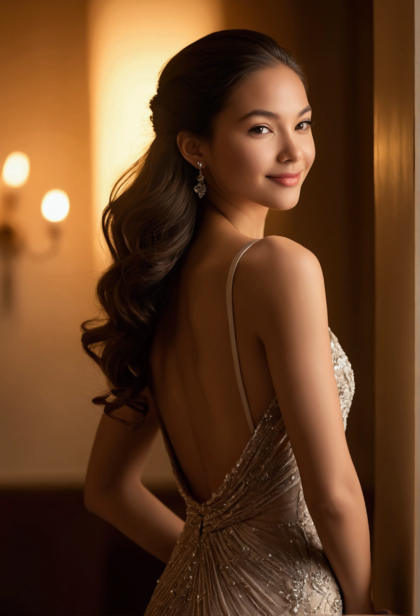 "A realistic depiction of a confident young woman standing in a softly lit, elegant setting. She has a slender, toned physique, with long, flowing hair cascading down her back. She is dressed in a form-fitting, sophisticated outfit, such as a sleek evening gown with a deep neckline and subtle, flattering details. The background is blurred slightly to keep the focus on her, with soft, warm lighting that highlights her features and gives her skin a smooth, radiant glow. Her pose is relaxed yet confident, with one hand on her hip and a subtle, alluring smile on her lips. The overall atmosphere is one of elegance and confidence, highlighting her natural beauty."

