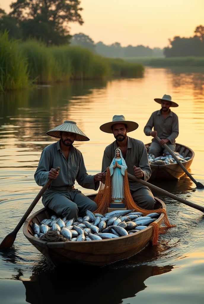Drawing of 3 men dressed in hats and simple 17th century fisherman's clothing, in 2 rowing boats, with fishing nets and full of fish, in a river, one of them holds in his hands the statue of Our Lady of Aparecida, found in the river.