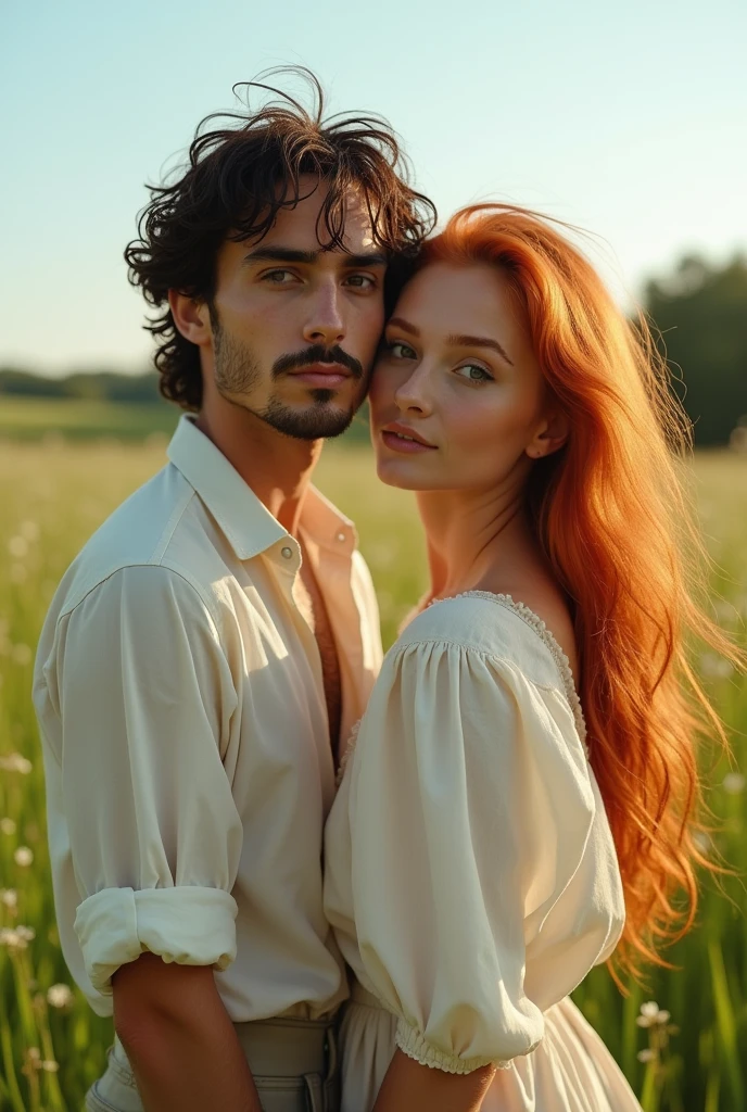 The handsome Timothé Chalamet, offwhite, sem beard, with slightly messy hair, in the field next to a red-haired woman, white, no freckles, with red eyebrows, com olhos castanhos, small lips, in peasant clothes.