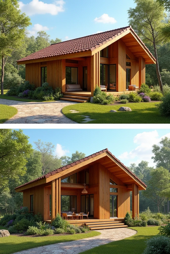 I want an eco-friendly house on one floor, based on wood and straw, with a noise-insulated workshop, 3 bedrooms each with a bathroom and toilet, a bedroom with master bedroom, a large kitchen, a large living room, a back kitchen, an entrance and a garage, all with beautiful cupboards and recycled tile roofs