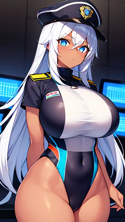 1girl, dark skin, dark-skinned female, police uniform, police, white hair, long hair, blue eyes, police hat, huge breasts, wide hips, thick thighs, policewoman, futuristic, neon trim, science-fiction, machinery, tech, blue trim, glowing eyes, toned female, toned, cute face, milf, adult female, neon, one-piece swimsuit, competition swimsuit, medal, black swimsuit,