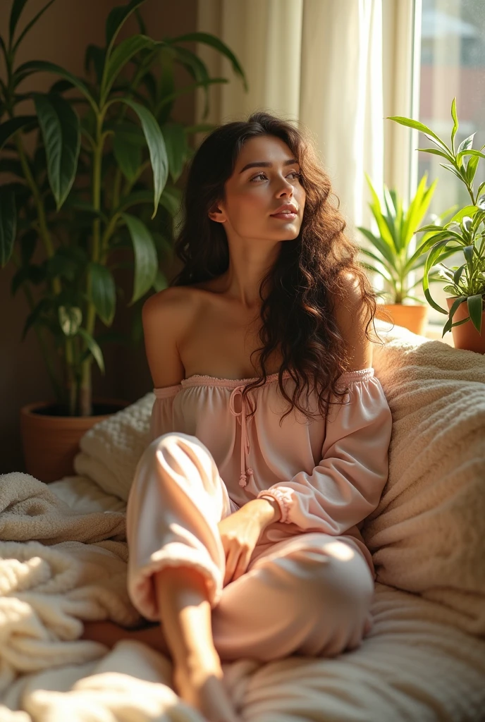 (photorealism:1.2), beautiful woman, sitting on bed, wearing loose off-shoulder top, pajama pants, long curly hair, indoors, soft lighting, plants in background, window with sunlight, cozy room, relaxed pose, realistic, intricate details, warm colors, by Greg Rutkowski, by Alphonse Mucha