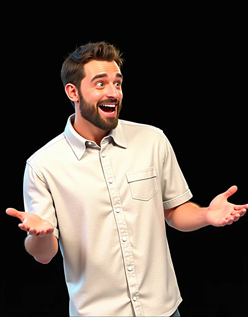 Cartoon character of a man blue shirt, an animated character, stylized character, animation style rendering, 3d stylized, smiling and making with open hands