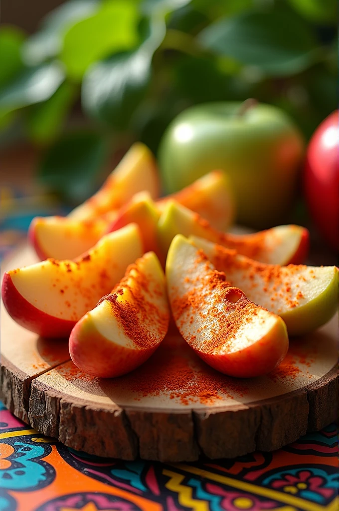 Apple wedges, bathed with chamoy and chili powder