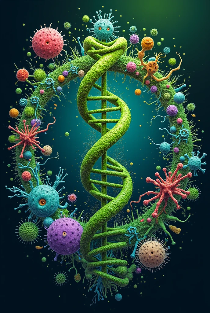 A type of logo or circular image that represents the career of biochemistry and biotechnology. It may be a DNA, with some enzyme cutting it, and bacteria or microorganisms together in the image, that everything is related as if for a propaganda photo. That it has molecular things like a virus too. . Let it be a more striking color like green with other colors.