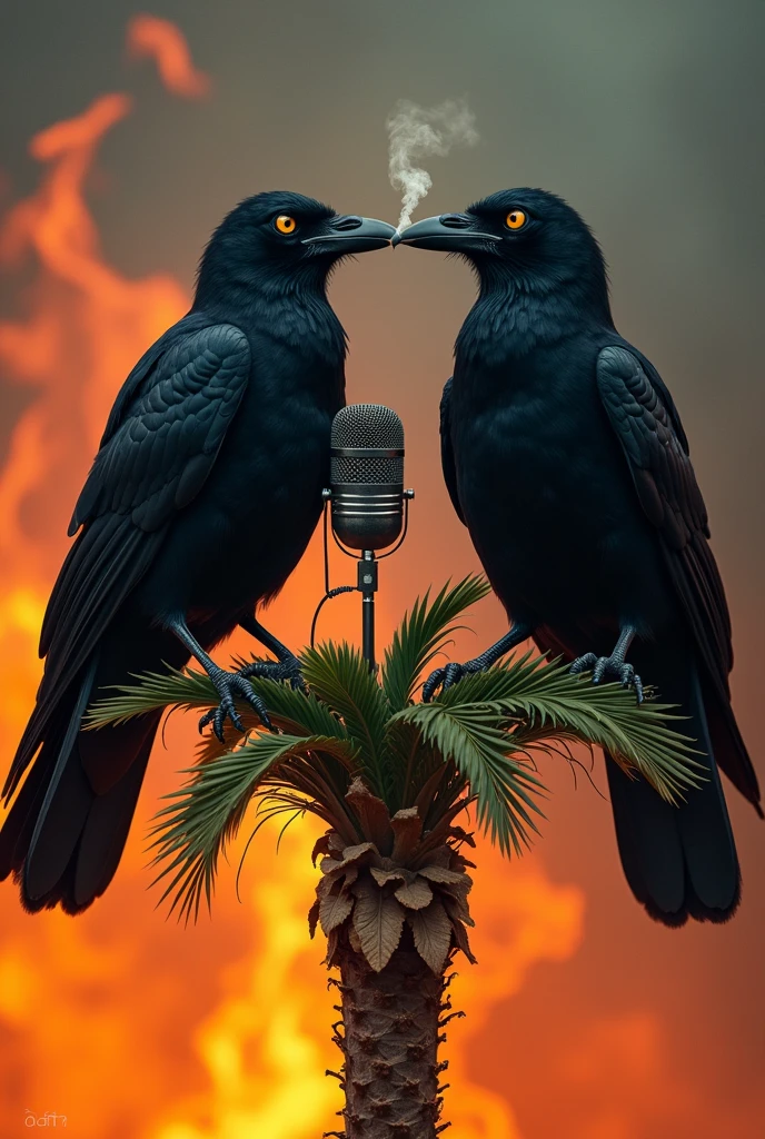 Two raven with yellow eye haging up in a palm
talking with podcast microphone. One of the
raven is smoking The palm is on fire