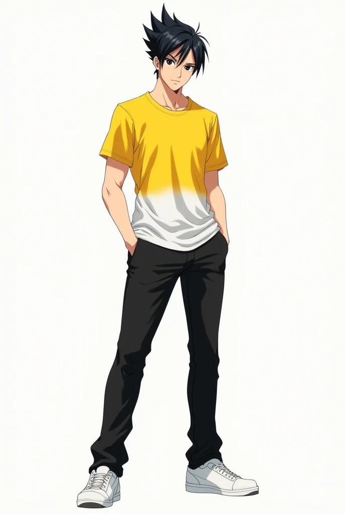 Create a male anime character with black hair upwards black eyes light skin shirt with white bottom with yellow top and yellow sleeves black pants and white shoes and white background