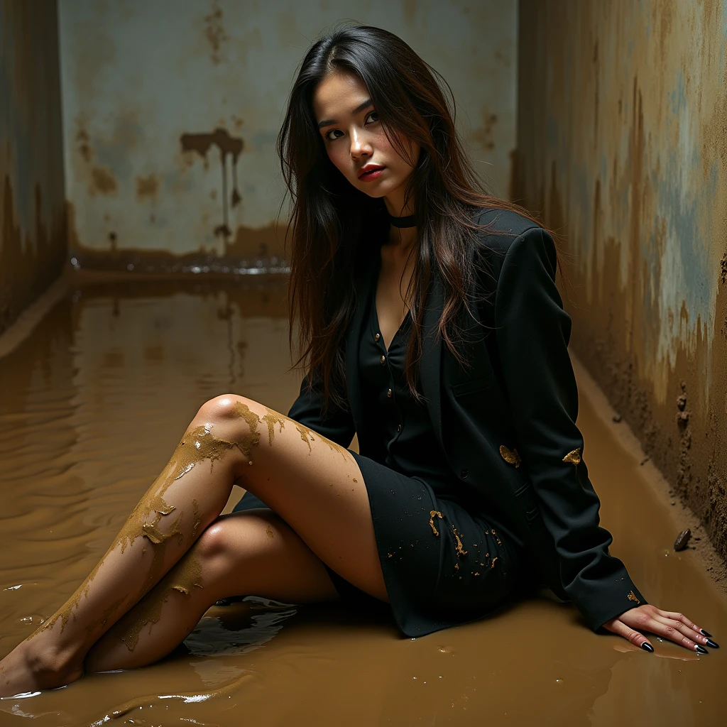 A captivating and color photo of one business lady, exuding a slender, model-like appearance with long hair. She is dressed in black business pencil skirt, black dirty business jacket. dirty shirt, torn stockings, black choker on the neck. She located in muddy and flooded building basement. Her all clothes, business pencil skirt and business jacket are covered in liquid mud and sperm. She look like have played in mud in a large swamp with brown liquid mud, their clothes covered with liquid mud from head to toe. Her clothes is completely stained with liquid mud and streaks from it, which has flows down from their jacket, shirt to their skirt, creating a messy and sloppy appearance. She is sitting on the mud in flirtatious, provocative and sexy pose, but fully clothed in business skirt suit and smear a lot of mud on own clothes. All her clothes is dirty and sloppy, her skirt and jacket are very stained in a liquid mud. The studio light brilliantly illuminates all her clothes in details, casting small shadows and emphasizing the texture of the mud, milk, sperm on her clothes. Please focus on stains of liquid mud and cum on her clothes Angle of camera from top-left from model., Realism, super detail, best quality