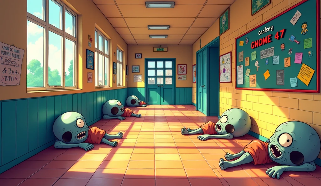 a school corridor with bright colors, and some corpses of zombies, on a wall there is a board that writes "GNOME 47", anime style like studio ghibli
