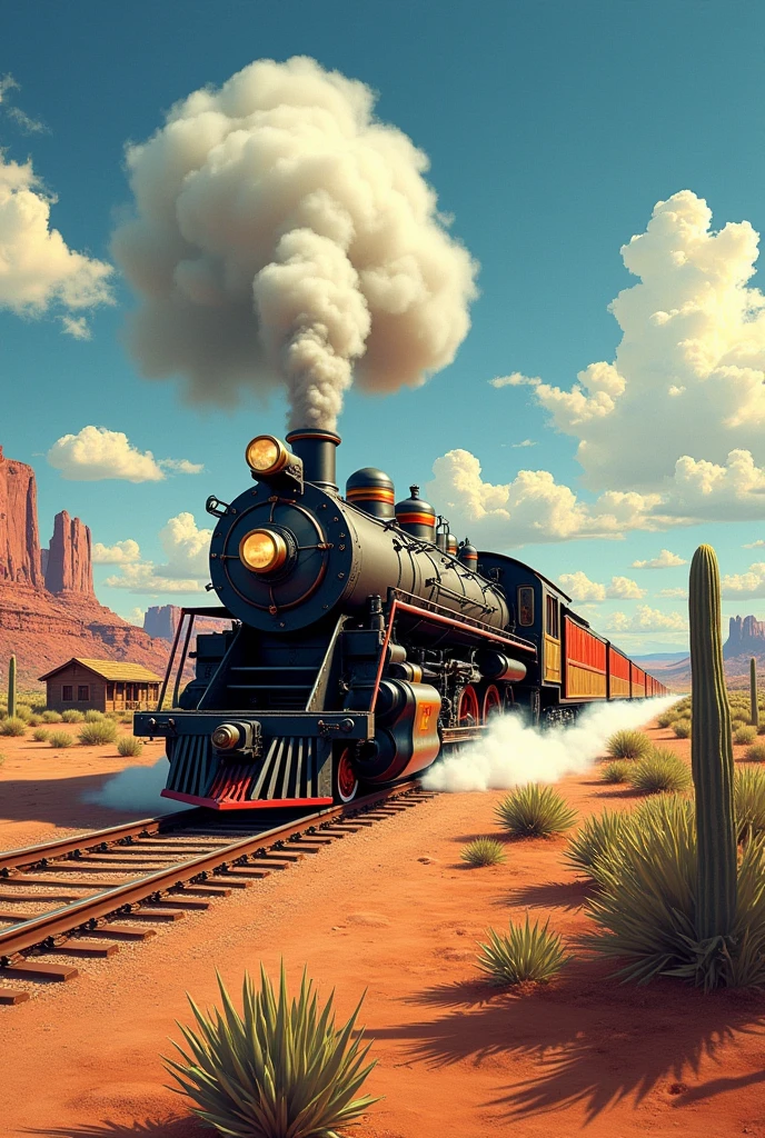 A train crossing the Wild West in a hyperrealistic 1950&#39;s look