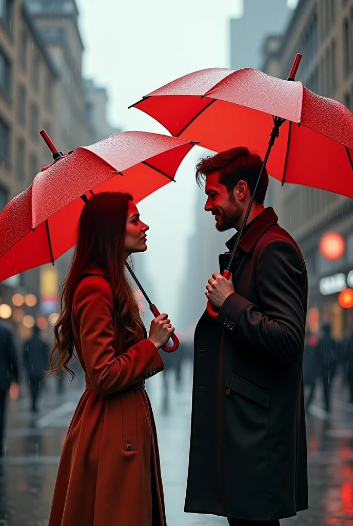 The woman is holding a umbrella and there guy approach her